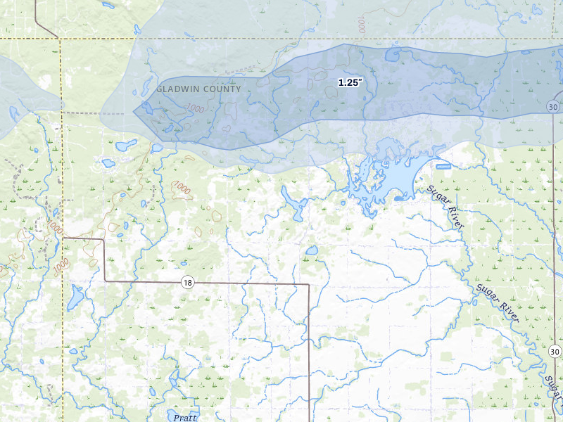 NEXRAD radar-signature map of the hail storm over Gladwin, MI on Mar 30, 2026
