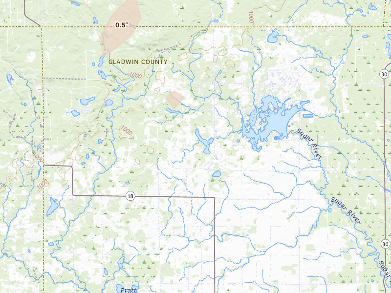 Radar-estimated hail-size map of the storm over Gladwin, MI on Jun 16, 2026