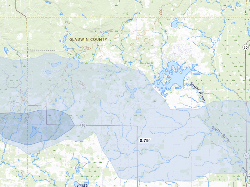 NEXRAD radar-signature map of the hail storm over Gladwin, MI on Jul 1, 2026