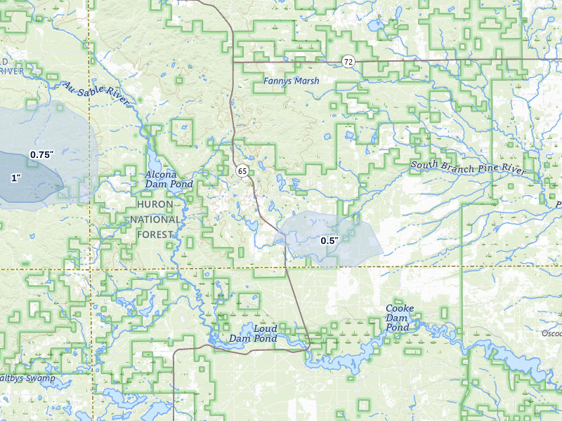NEXRAD radar-signature map of the hail storm over Glennie, MI on Jul 1, 2026