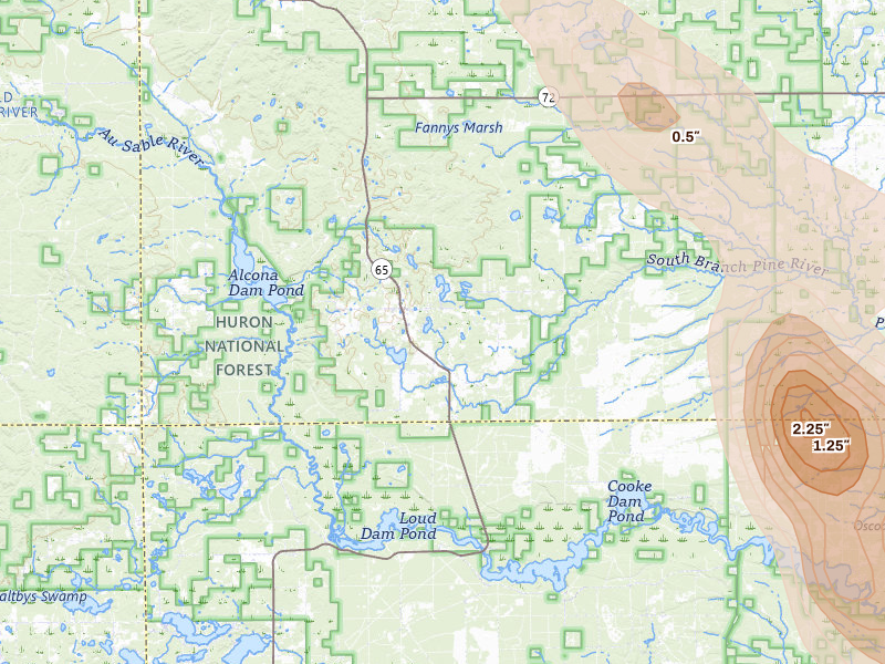 Radar-estimated hail-size map of the storm over Glennie, MI on Jul 27, 2026