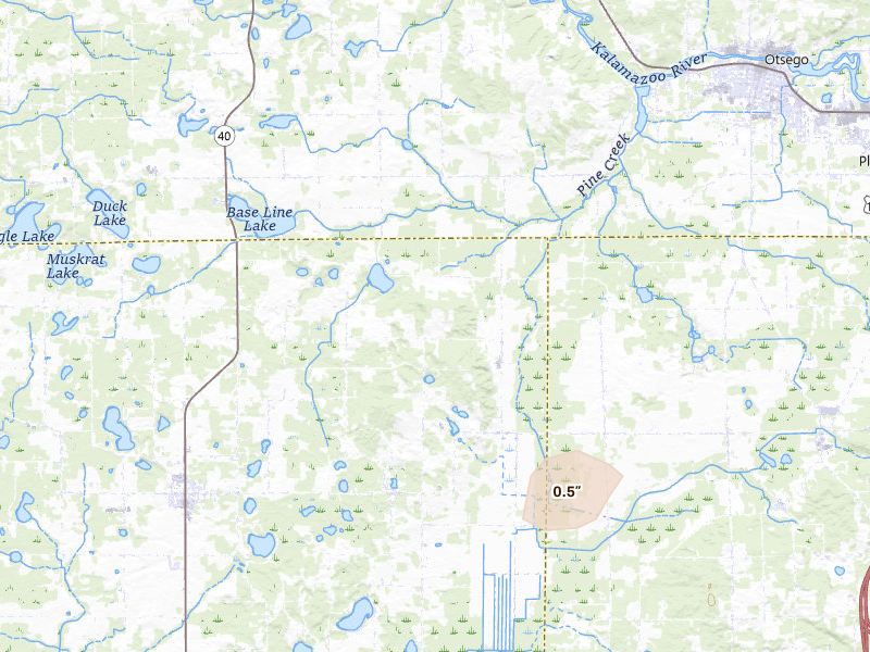 Radar-estimated hail-size map of the storm over Gobles, MI on May 18, 2026