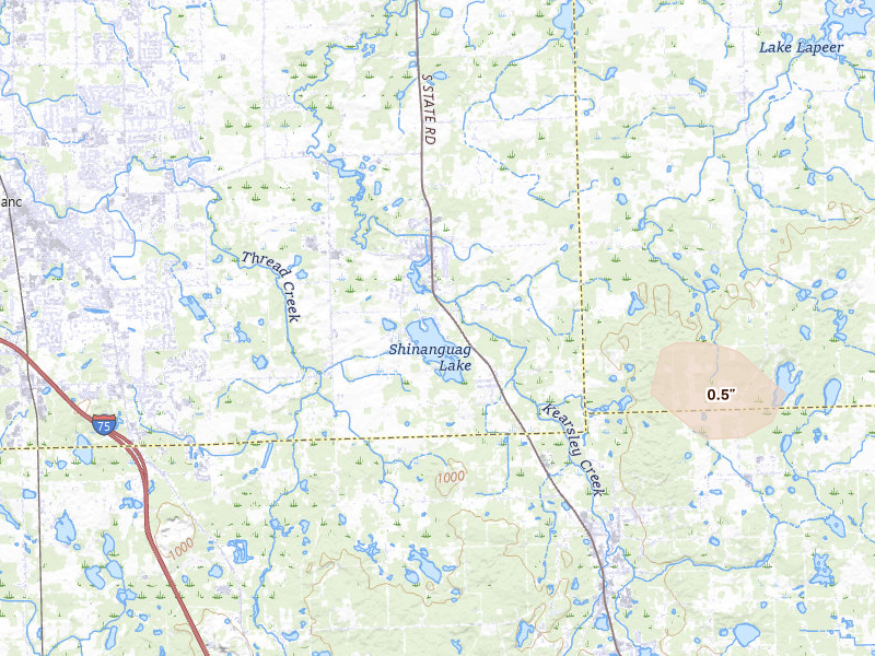 Radar-estimated hail-size map of the storm over Goodrich, MI on Jul 9, 2026
