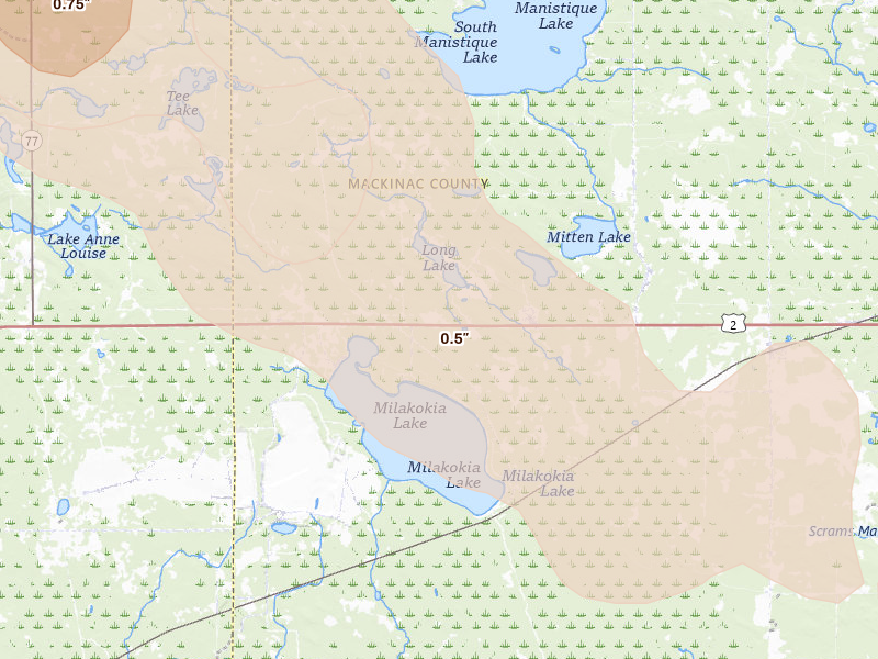 Radar-estimated hail-size map of the storm over Gould City, MI on Jul 17, 2026