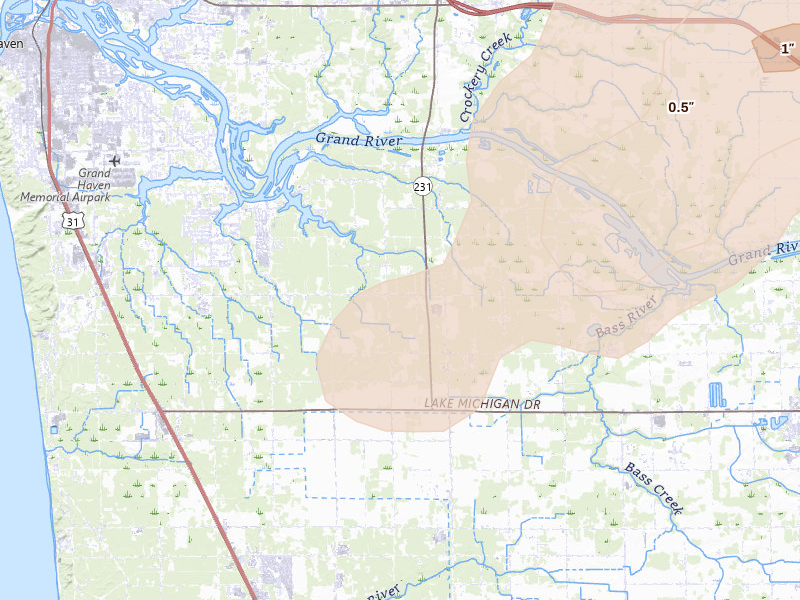 Radar-estimated hail-size map of the storm over Grand Haven, MI