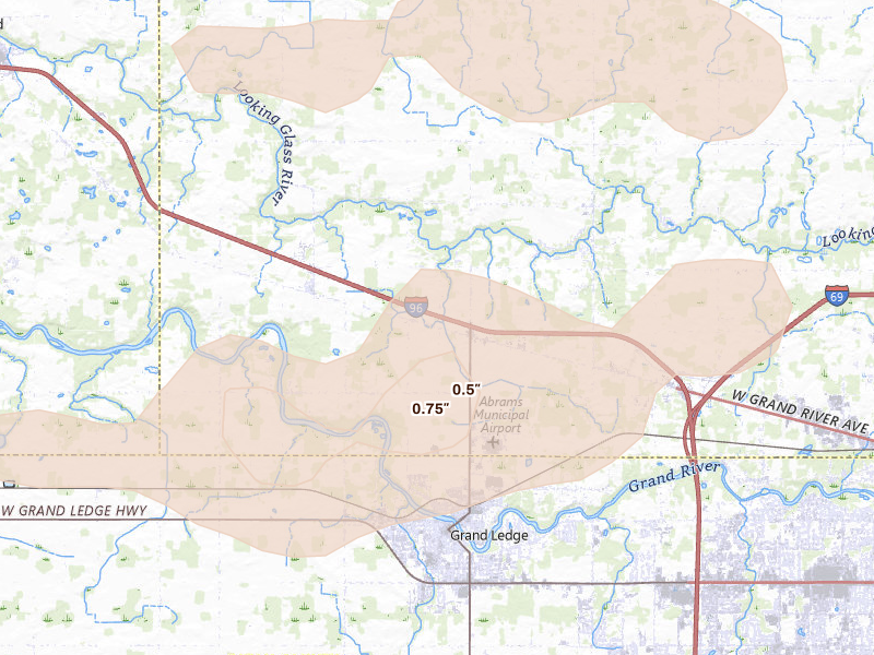 Radar-estimated hail-size map of the storm over Grand Ledge, MI on Sep 3, 2026