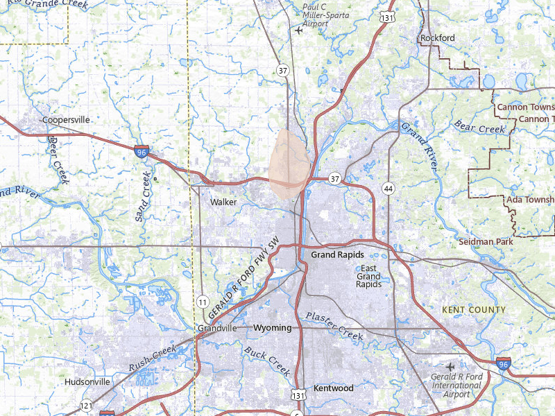 Radar-estimated hail-size map of the storm over Grand Rapids, MI on May 15, 2026