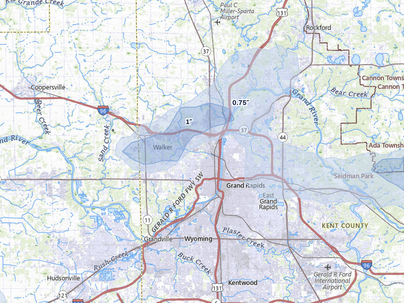 NEXRAD radar-signature map of the hail storm over Grand Rapids, MI on May 15, 2026