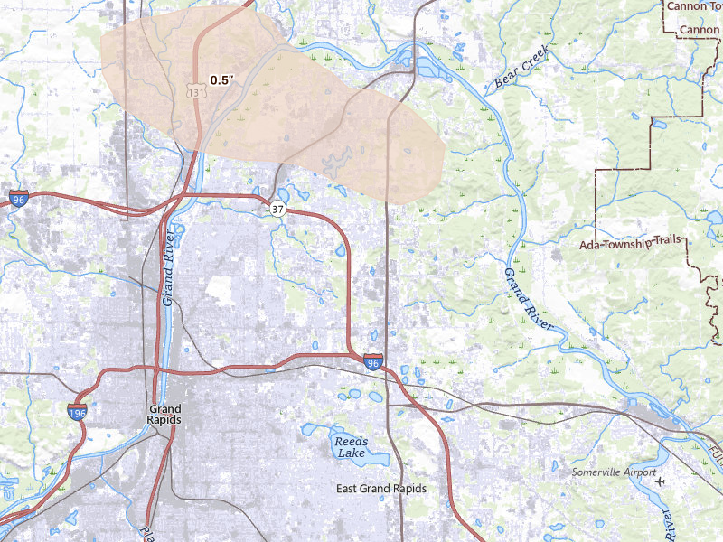 Radar-estimated hail-size map of the storm over Grand Rapids, MI on Aug 9, 2026
