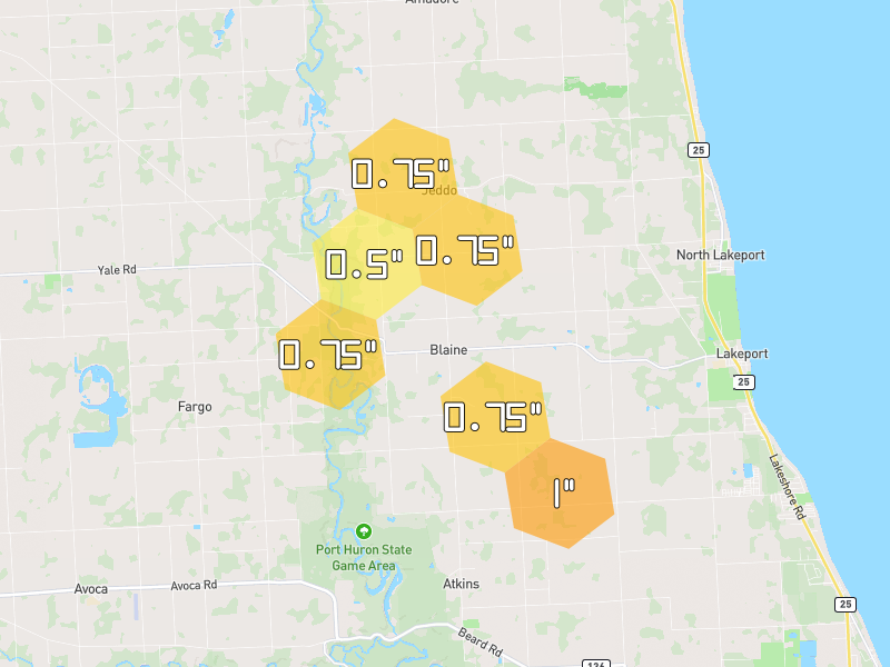 Hail map of Grant Township, MI on Jul 21, 2026, hail up to 1"