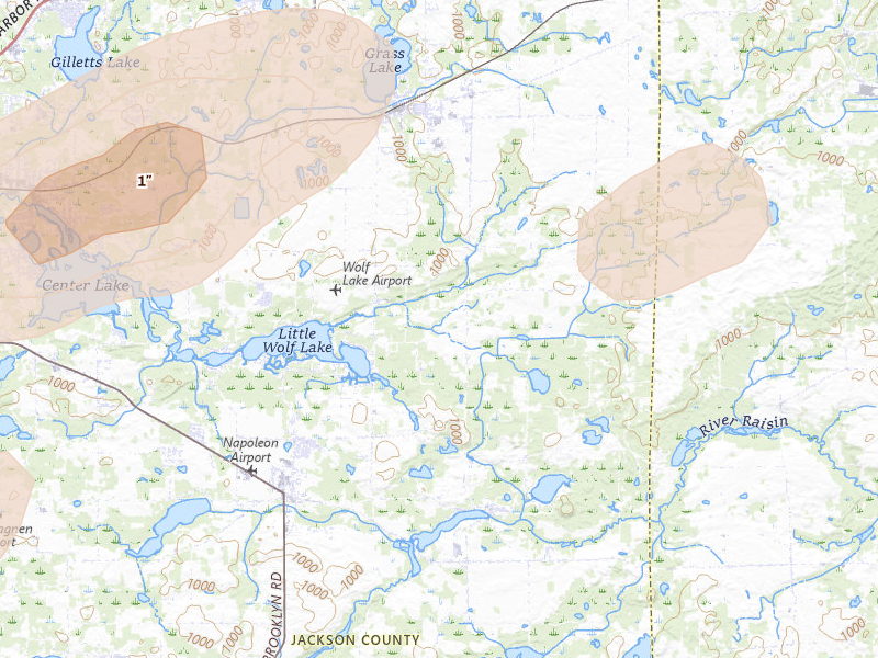 Radar-estimated hail-size map of the storm over Grass Lake, MI on Jul 3, 2026