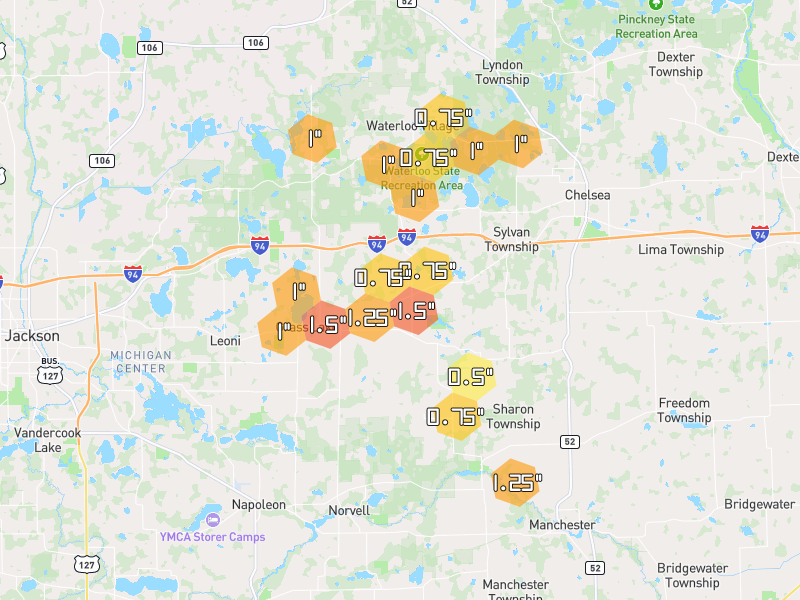 Hail map of Grass Lake, MI on Jul 3, 2026, hail up to 1.5"