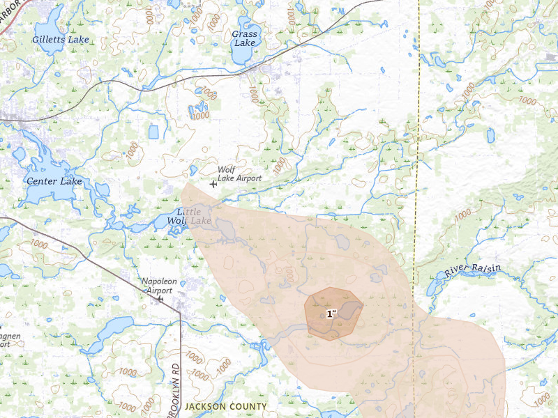 Radar-estimated hail-size map of the storm over Grass Lake, MI on Jul 27, 2026