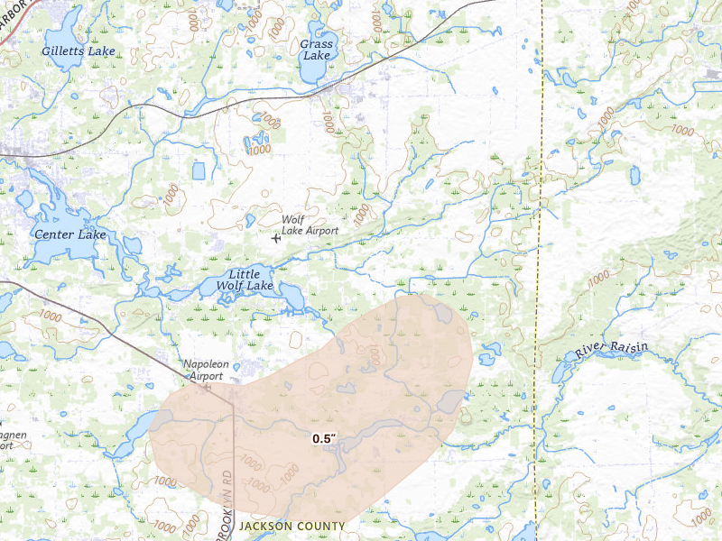 Radar-estimated hail-size map of the storm over Grass Lake, MI on Aug 9, 2026