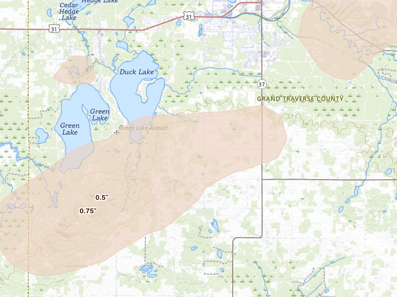 Radar-estimated hail-size map of the storm over Grawn, MI on Jul 1, 2026
