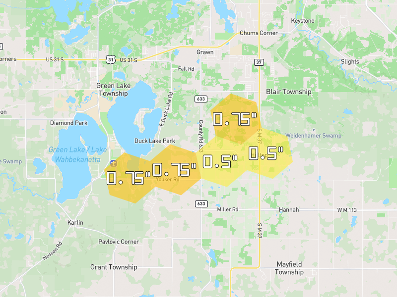 Hail map of Grawn, MI on Jul 1, 2026, hail up to 0.75"