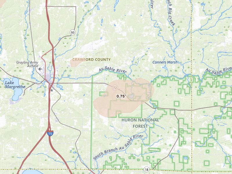 Radar-estimated hail-size map of the storm over Grayling, MI on Jul 1, 2026