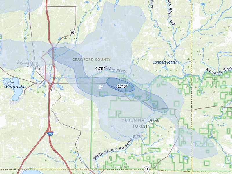 NEXRAD radar-signature map of the hail over Grayling, MI