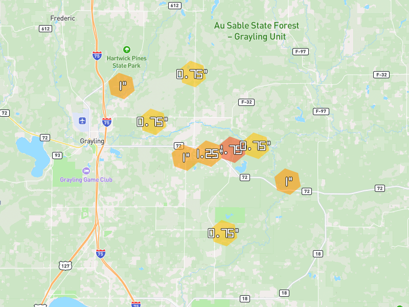 Hail map of Grayling, MI on Jul 1, 2026, hail up to 1.75"