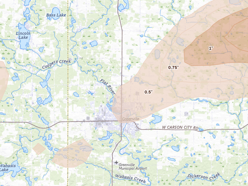 Radar-estimated hail-size map of the storm over Greenville, MI