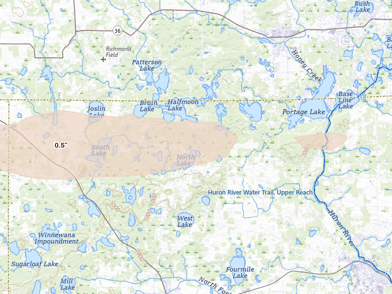 Radar-estimated hail-size map of the storm over Gregory, MI on Mar 30, 2026