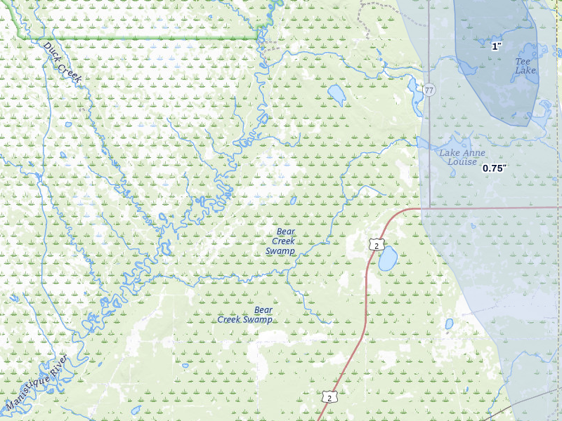 NEXRAD radar-signature map of the hail storm over Gulliver, MI on Jul 12, 2026