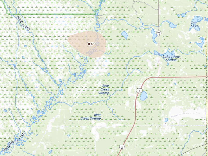 Radar-estimated hail-size map of the storm over Gulliver, MI on Jul 31, 2026