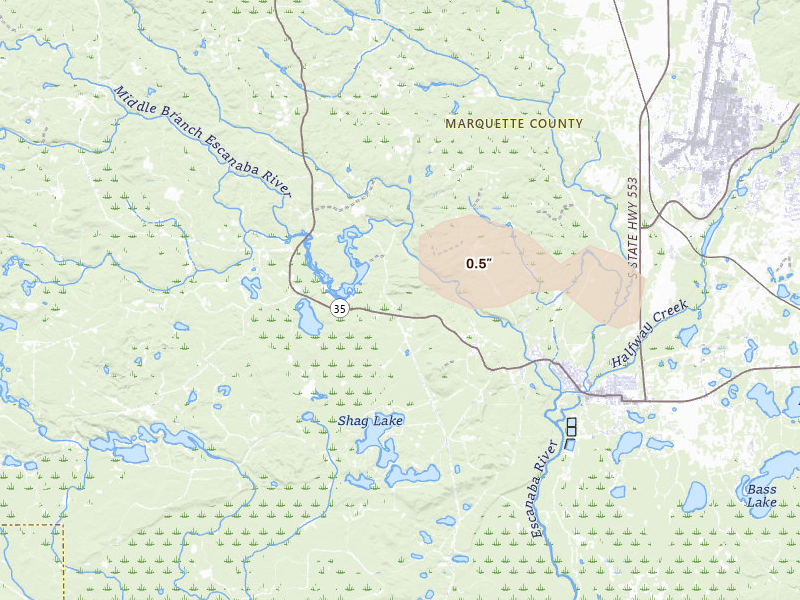 Radar-estimated hail-size map of the storm over Gwinn, MI on Jun 5, 2026