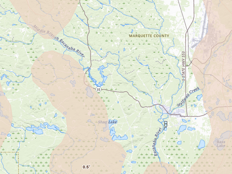 Radar-estimated hail-size map of the storm over Gwinn, MI on Jul 12, 2026