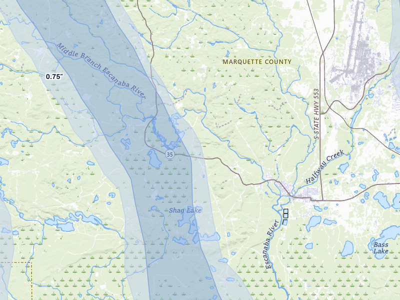 NEXRAD radar-signature map of the hail storm over Gwinn, MI on Jul 12, 2026