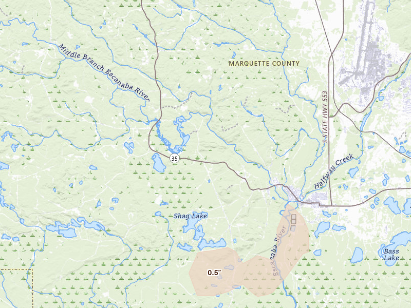 Radar-estimated hail-size map of the storm over Gwinn, MI on Jul 20, 2026
