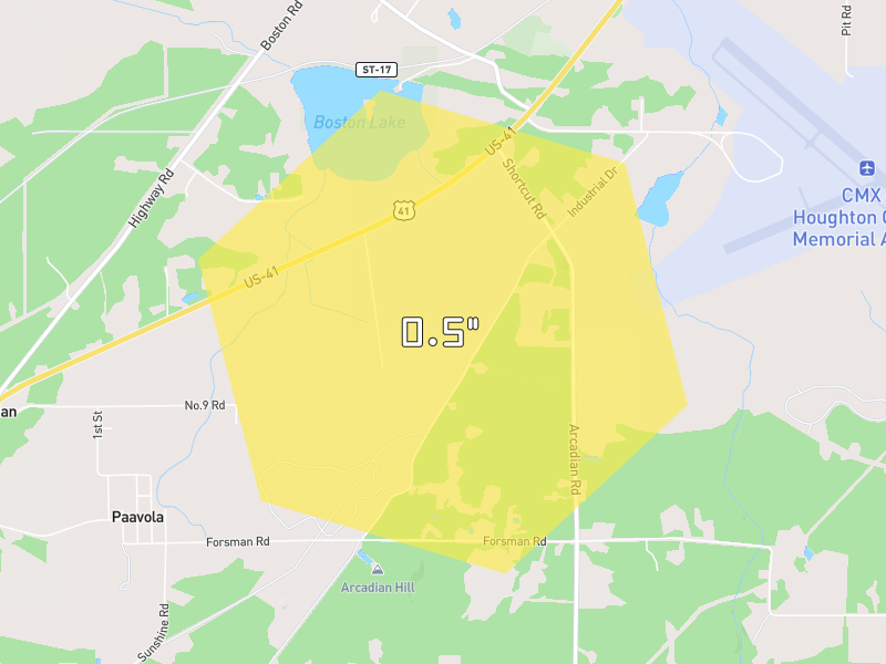 Hail map of Hancock, MI on Jun 29, 2026, hail up to 0.5"