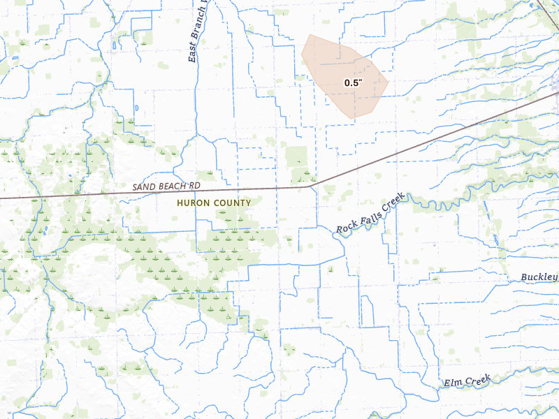 Radar-estimated hail-size map of the storm over Harbor Beach, MI on Aug 13, 2026
