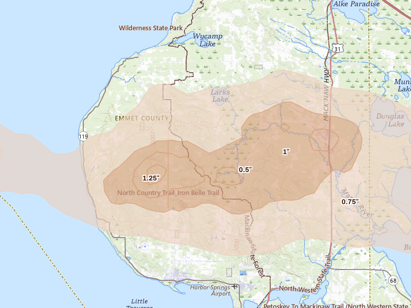 Radar-estimated hail-size map of the storm over Harbor Springs, MI on Jun 29, 2026