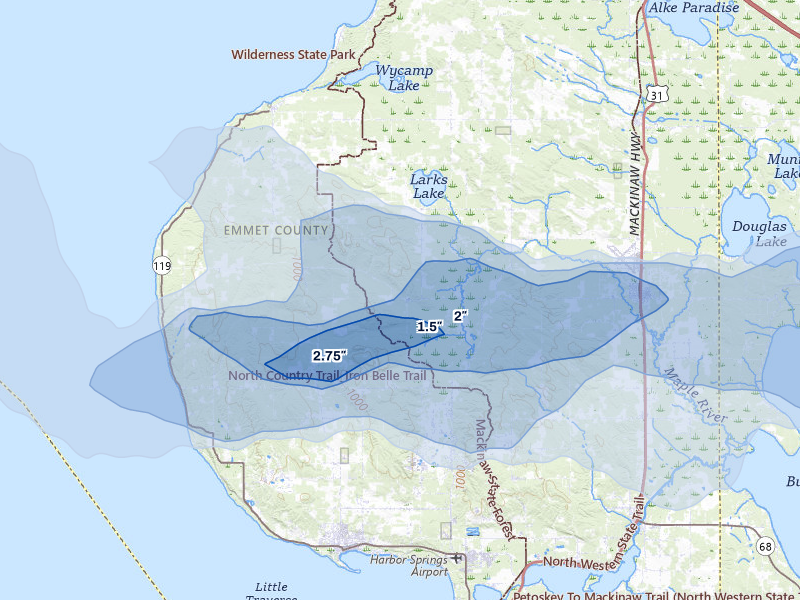 NEXRAD radar-signature map of the hail storm over Harbor Springs, MI on Jun 29, 2026
