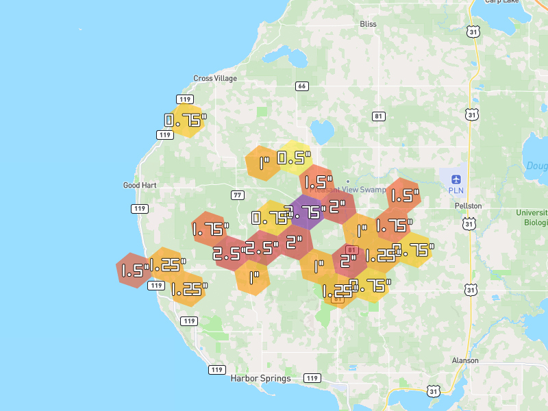Hail map of Harbor Springs, MI on Jun 29, 2026, hail up to 2.75"