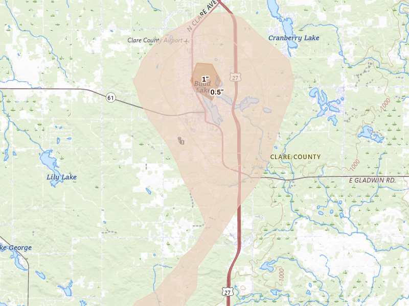 Radar-estimated hail-size map of the storm over Harrison, MI on Jun 16, 2026