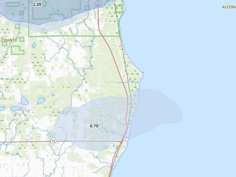 NEXRAD radar-signature map of the hail storm over Harrisville, MI on Jul 1, 2026
