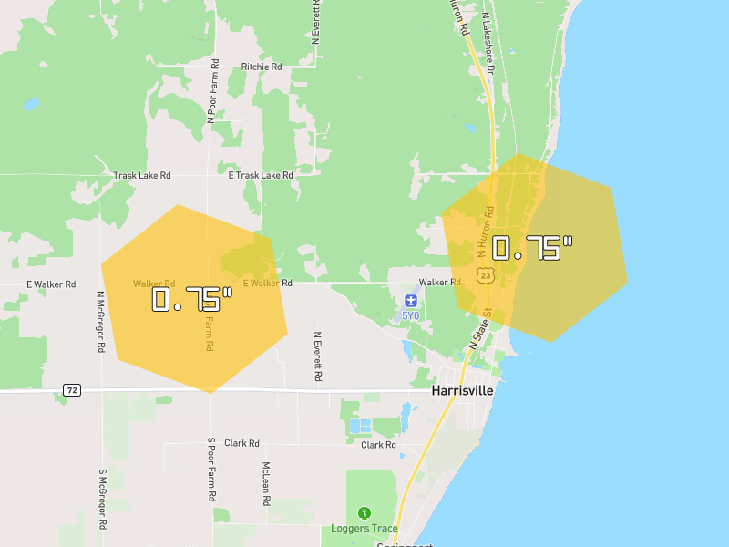 Hail map of Harrisville, MI on Jul 1, 2026, hail up to 0.75"
