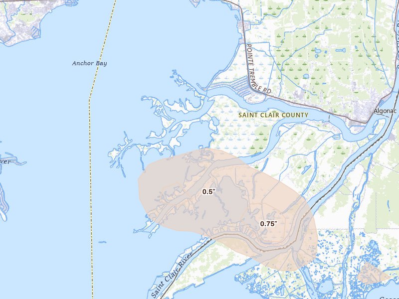 Radar-estimated hail-size map of the storm over Harsens Island, MI on Sep 2, 2026