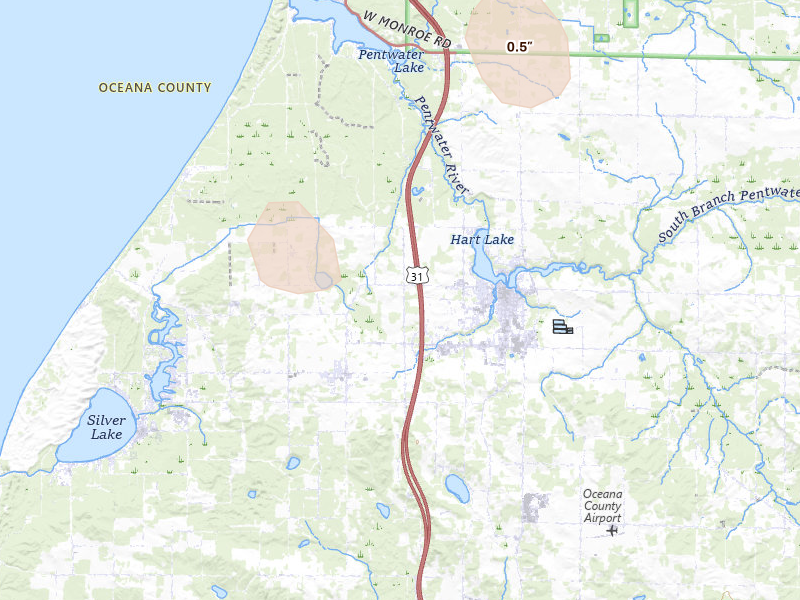 Radar-estimated hail-size map of the storm over Hart, MI on Mar 6, 2026