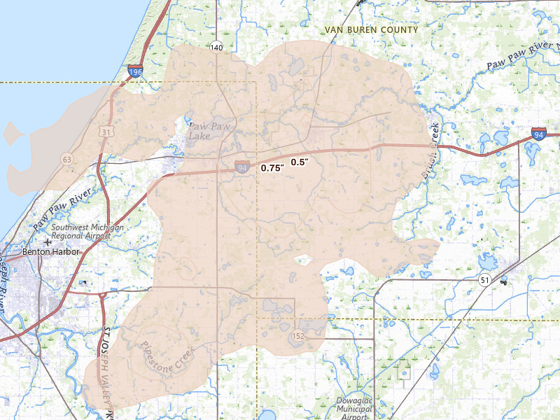 Radar-estimated hail-size map of the storm over Hartford, MI on Aug 9, 2026