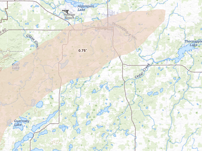 Radar-estimated hail-size map of the storm over Hastings, MI on Apr 13, 2026