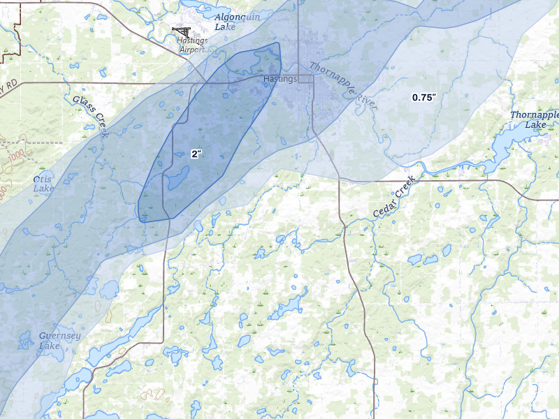 NEXRAD radar-signature map of the hail over Hastings, MI
