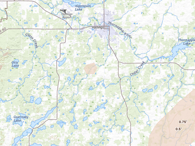 Radar-estimated hail-size map of the storm over Hastings, MI on Jun 16, 2026
