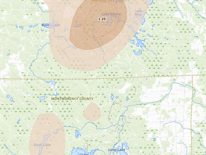 Radar-estimated hail-size map of the storm over Hawks, MI on Jun 16, 2026
