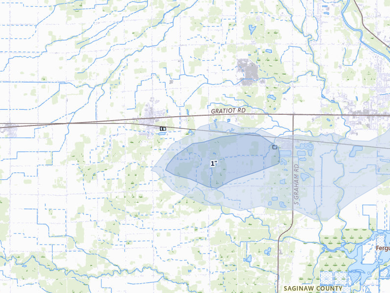 NEXRAD radar-signature map of the hail over Hemlock, MI