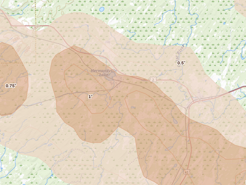 Radar-estimated hail-size map of the storm over Hermansville, MI on Jul 20, 2026