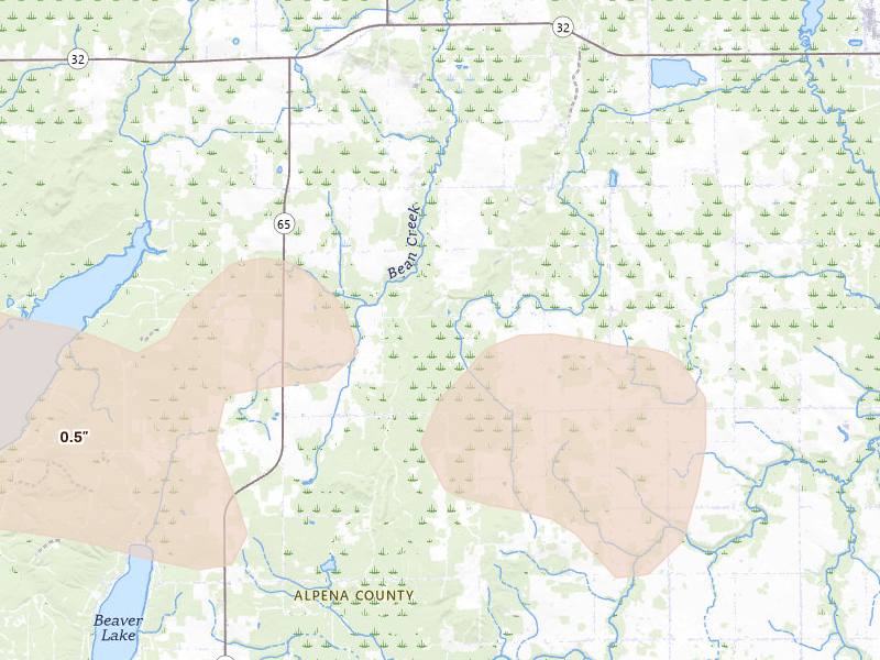 Radar-estimated hail-size map of the storm over Herron, MI on Jul 27, 2026