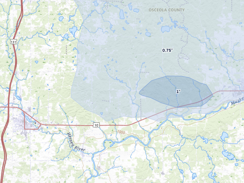 NEXRAD radar-signature map of the hail over Hersey, MI